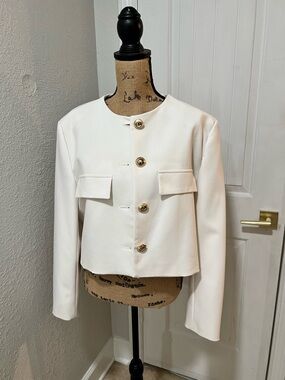 Zara White Cropped Boxy Jacket with Gold Buttons